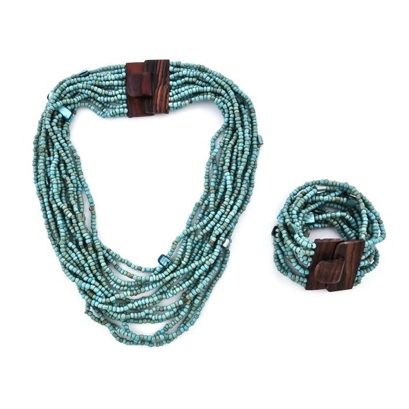 Jeweled Turquoise Seed Bead Necklace Bracelet Wooden Bead Necklace Multi Strand - Picture 1 of 8